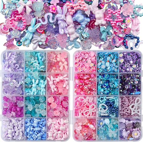 Kikonoke 2050 Pieces 3D Butterfly Rose Flower Bow Rabbit Bear Nail Charms Kit with Nail Art Rhinestones Pearls Crystal Gems Nail Slices for Manicure DIY Crafts Jewelry Accessories (Pink Purple Blue)
