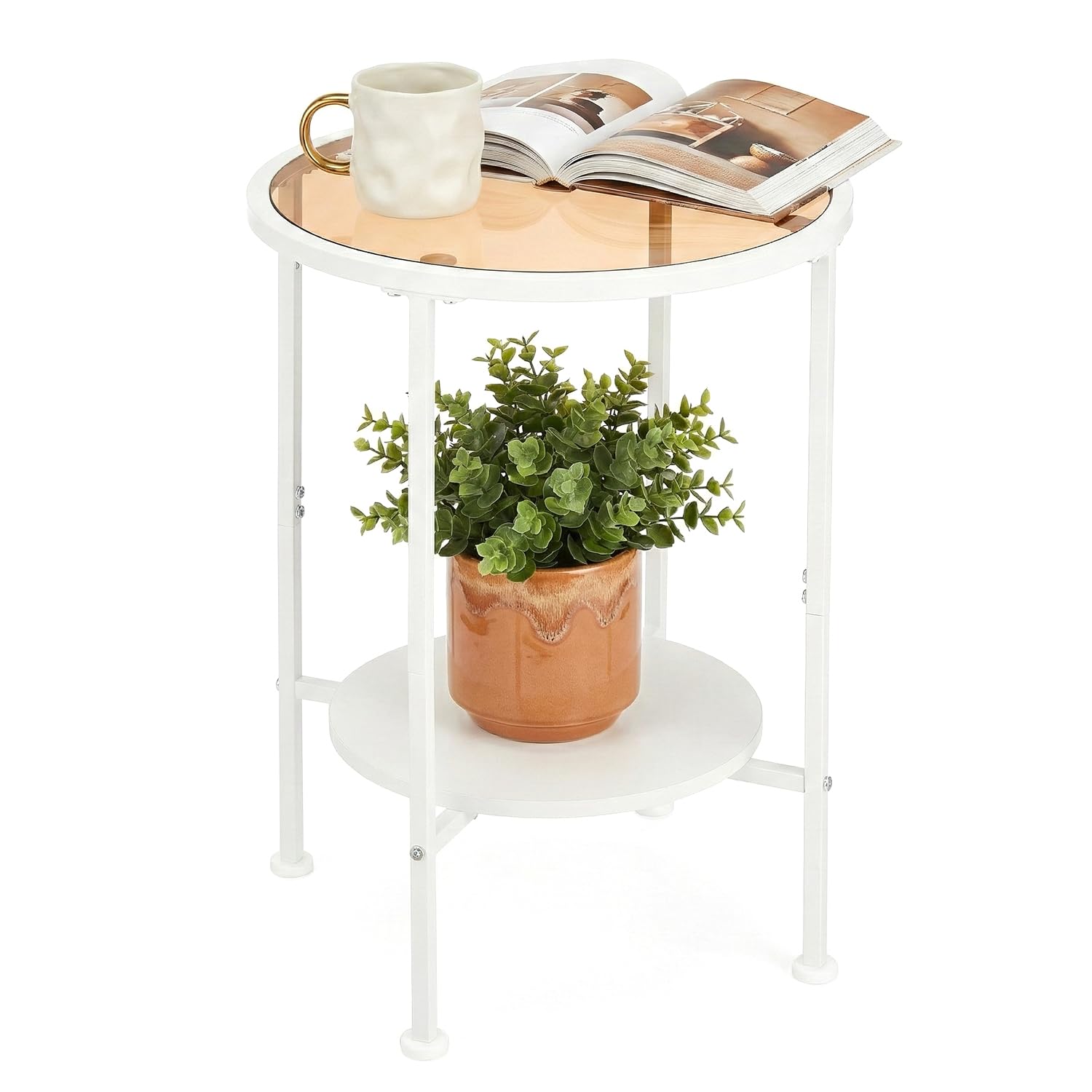 ZEXVIDA Round Side Table, 2-Tier Glass Lamp Table with Storage Shelf, Modern Bedside Table for Lounge, Bedroom, Conservatory, Metal Frame with Tempered Glass Top-White