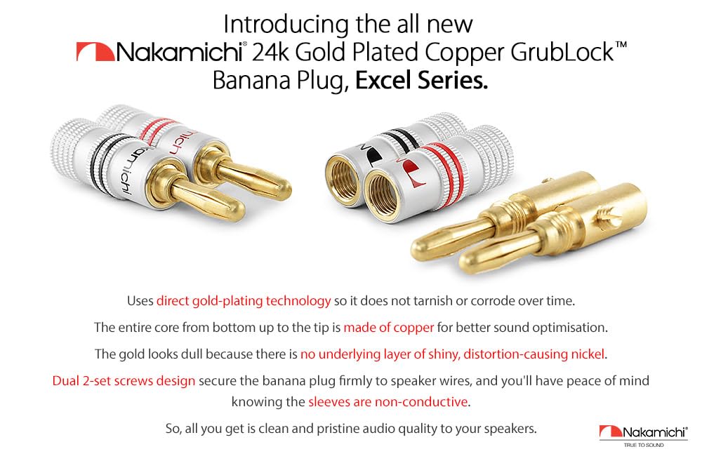 Nakamichi Pozłacany wtyk bananowy 24K 12-18 AWG Rozmiar miernika 4mm do podłączania kabli do kolumn hifi, wzmacniaczy, amplitunerów AV, systemów audio (48 sztuki, wtyczka bananowa) | Rozmiar 4 mm do głośników, wzmacniacza, odbiornika Hi-Fi, stereo, kabla