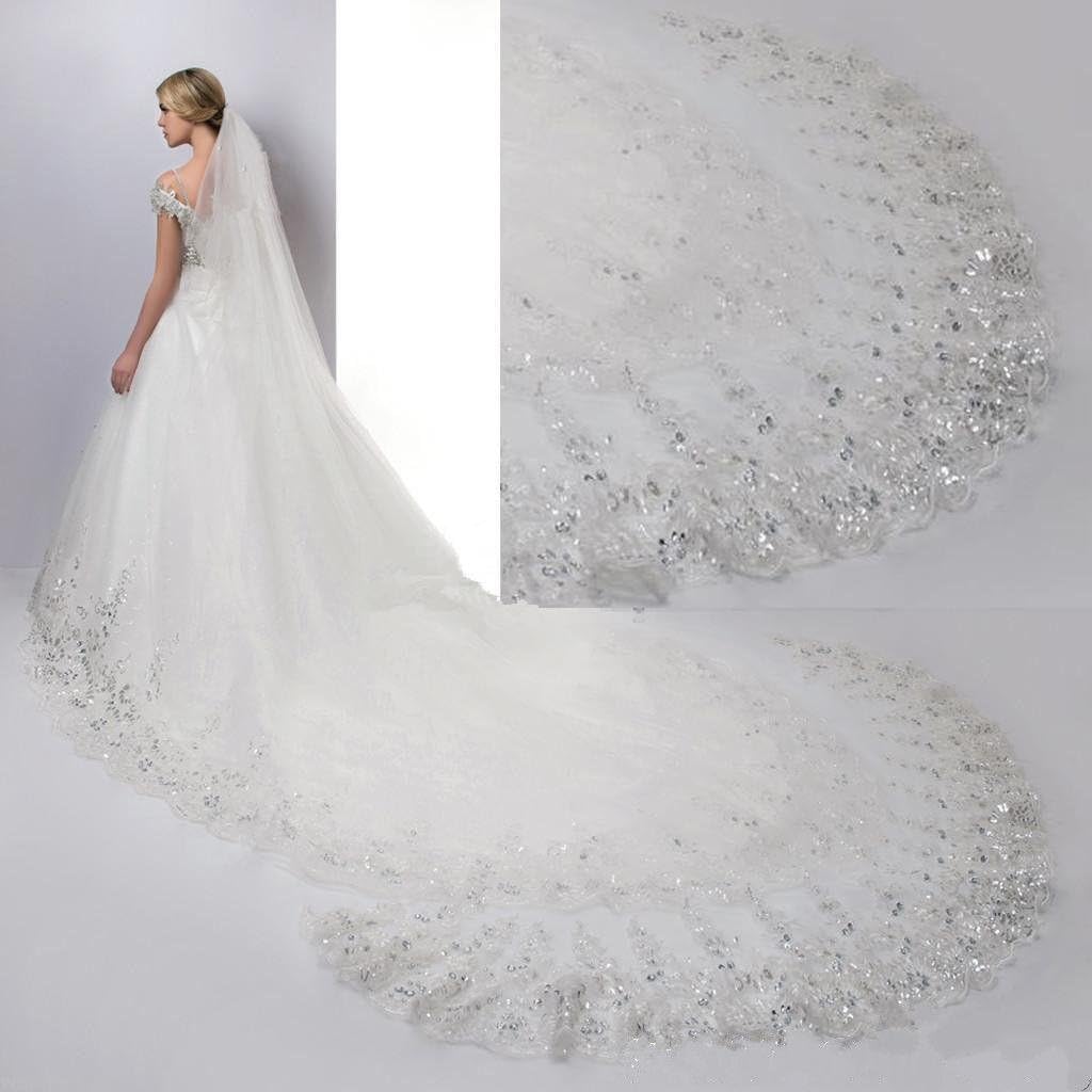 Bride Veil Bridal Veils White Ivory Long Cathedral Crystal Sequins Lace Edge Wedding Accessories with Crystal Free Comb, Ivory, 4 * 1.8m