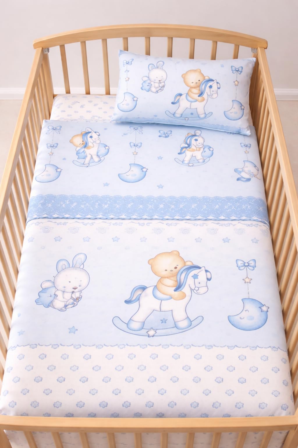 Corredocasa Completo Lenzuola Neonato per Culla Stampato Made in Italy, Disegni Assortiti Disponibile in Diversi Materiali Cotone Flanella (Celeste, Cotone)