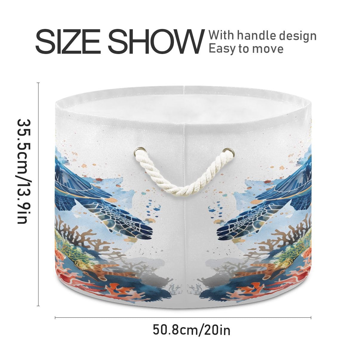 Round Storage Basket Watercolor Sea Turtle Swimming Open Home Storage Bin 20 * 13.9in