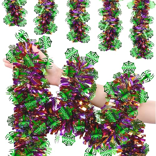 Image of 50 FT Halloween Tinsel Garland, Glitter Tinsel Garlands with Purple Green Spider and Web, Metallic Holiday Hanging Streamers for Halloween Party Supplies Indoor Outdoor Decor