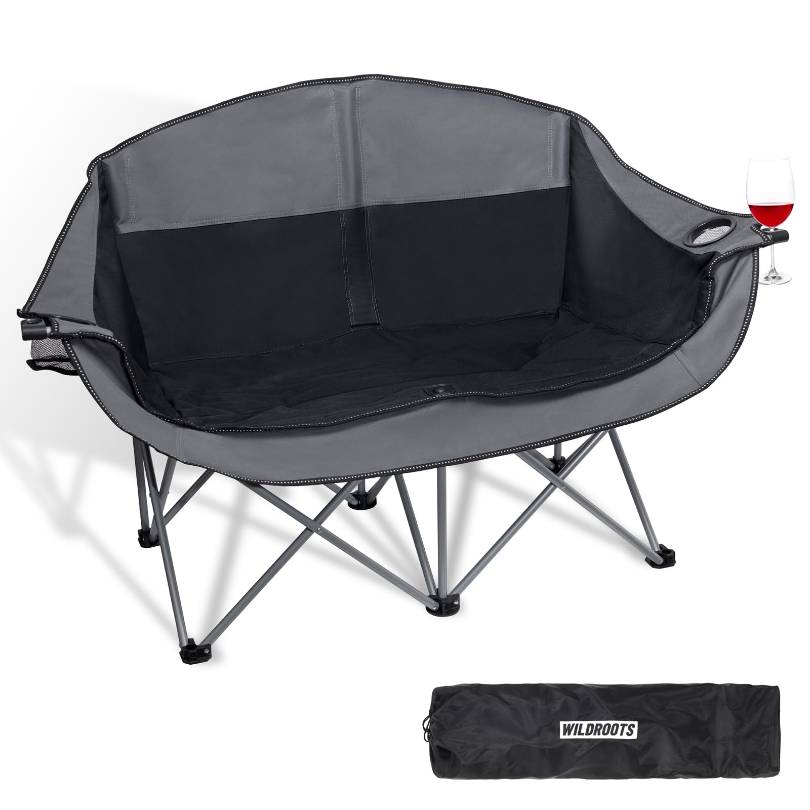WILDROOTS Outdoor Folding Double Camping Chair Adults 2 Person,Heavy Duty 600 LBS Loveseat with 2 Cup Holder,Portable Carry Bag Included for Camping,Lawn,Backyard,Movie