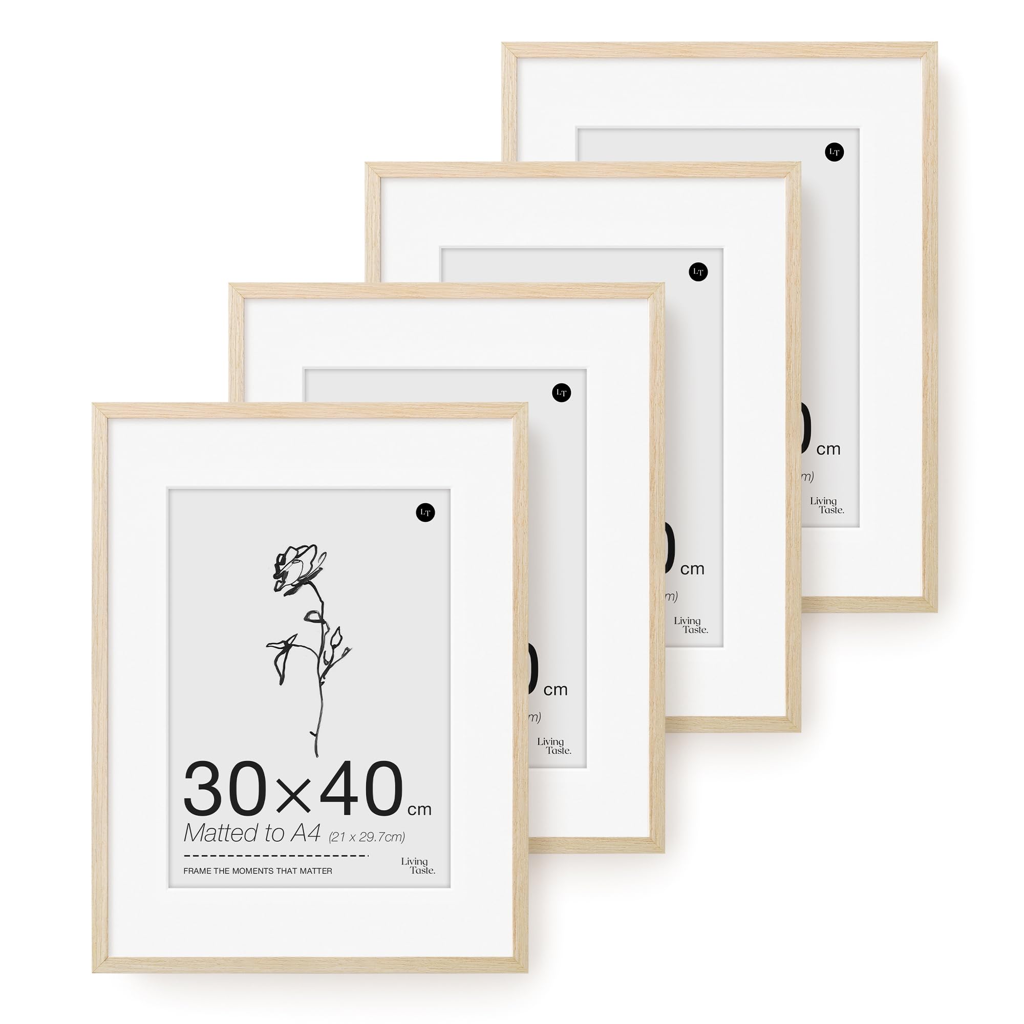 LIVINGTASTE 30x40cm Picture Frame, 12x16 inch Wood Photo Frame with Mount for A4, 4 Pack Natural Oak Finish Wall Frame with Acrylic Front, Ideal for Family Photos in Living Room — image 1