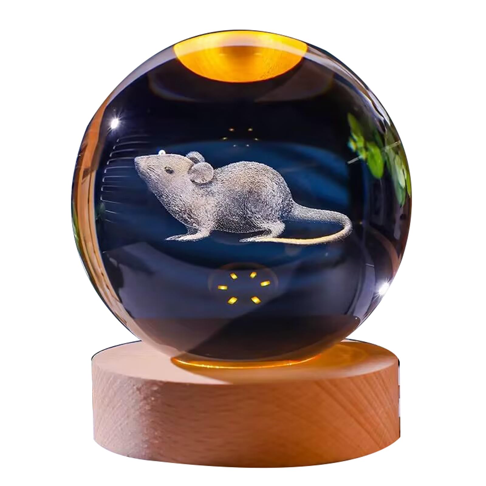 WXMYOZR Chinese Zodiac 80mm 3D Crystal Ball with Wooden Lighting Base Feng Shui Glass Sphere Chinese New Year Gift,Rat