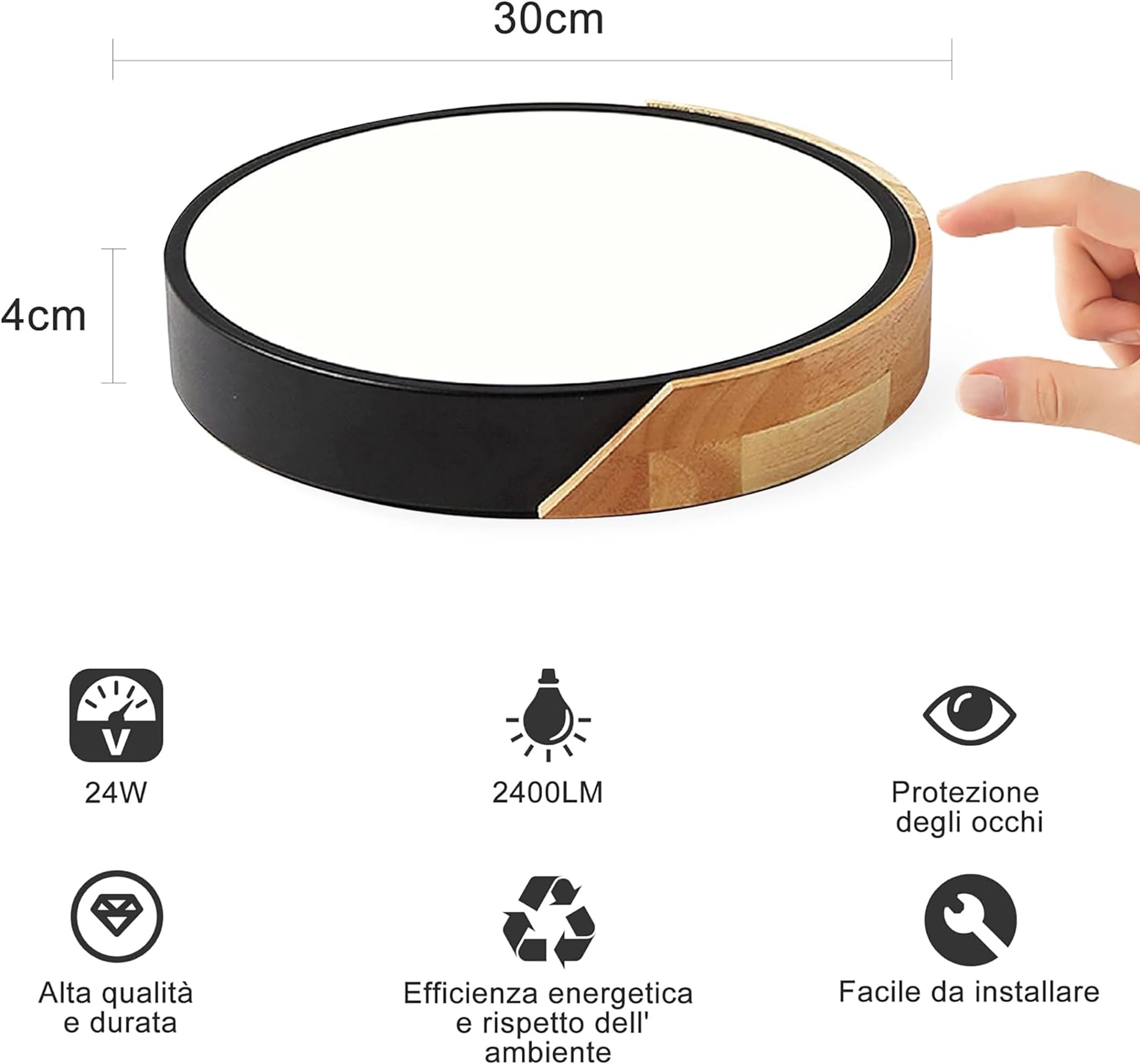 NICEME 24W Plafoniera LED Legno 4500K Bianco Naturale Moderni Ultra magro Rotondo Plafoniere da Soffitto, Ø30CM,per Bagno Soggiorno Camera Corridoio Ufficio