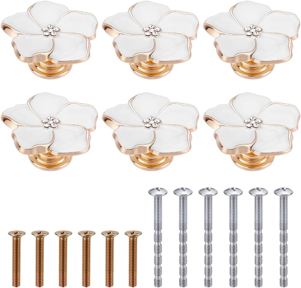 PLIGREAT 6 Pcs White Petal Drawer Handles, Flower Zinc Alloy Knob Cabinet Drawer Pulls with 12 Mounting Screws Decorative Handles for Dresser Kitchen Closet Door, Golden Edge