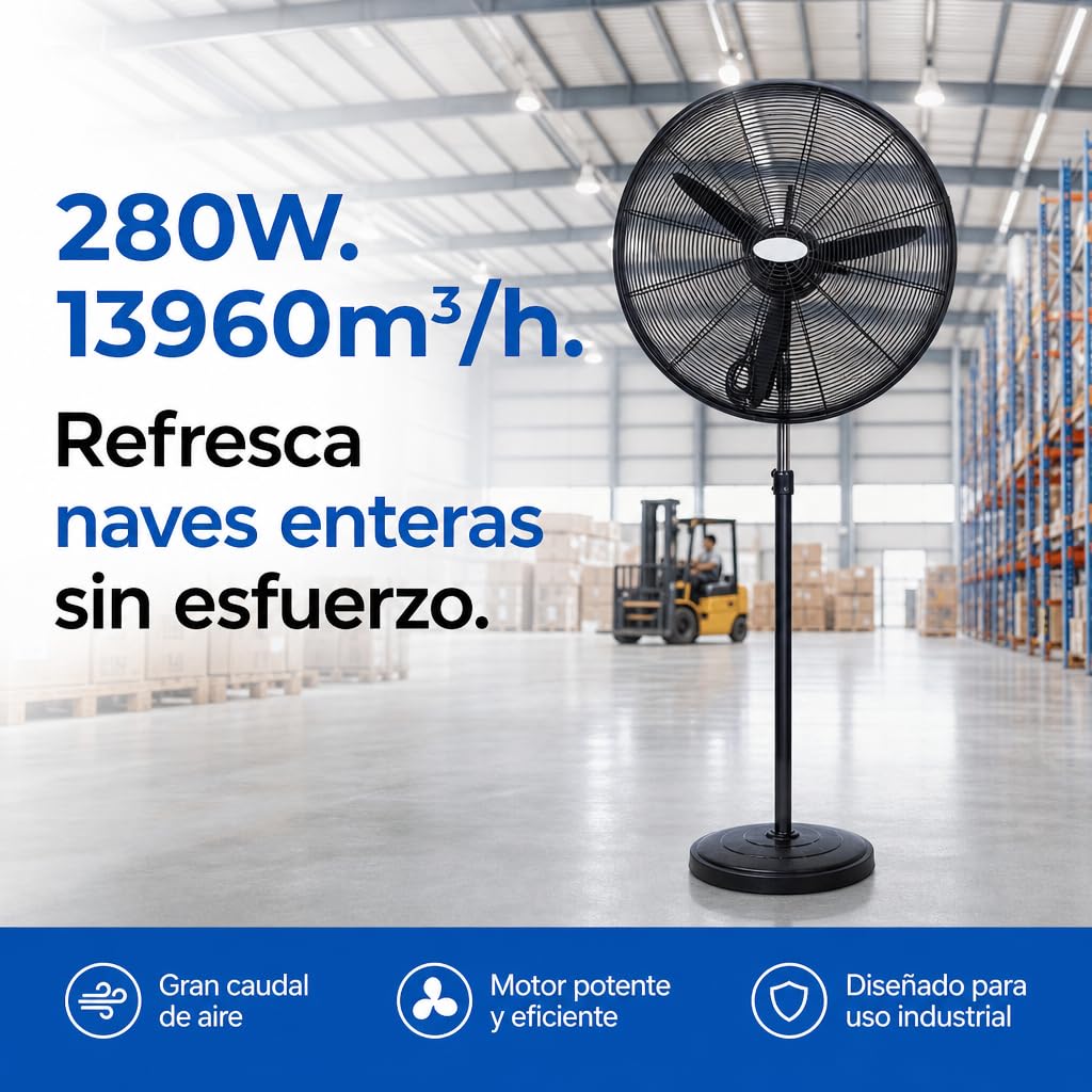 Ventilador Industrial de Pie Potente 280W | Oscilante y Orientable | 3 Velocidades | Diámetro 81cm | Altura Regulable hasta 185cm | Nave Taller Almacén Garaje
