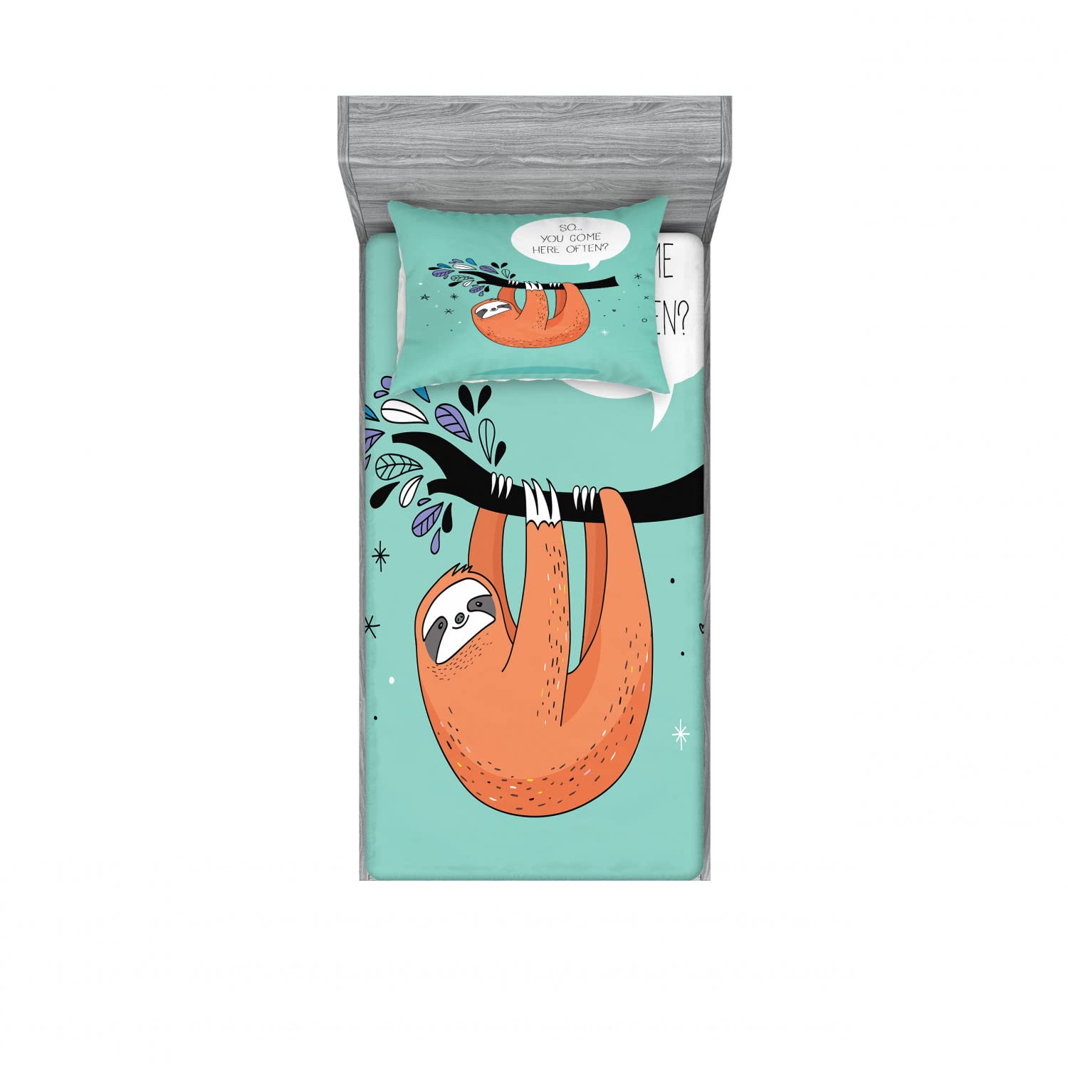 Ambesonne Animal 2 Pack Fitted Sheet & Pillow Sham Set, Flirty Sloth Cartoon, 4 Pcs Bedding Decor, Package Contains 2 Twin Size Fitted Sheets & 2 Pillow Covers, Seafoam Orange