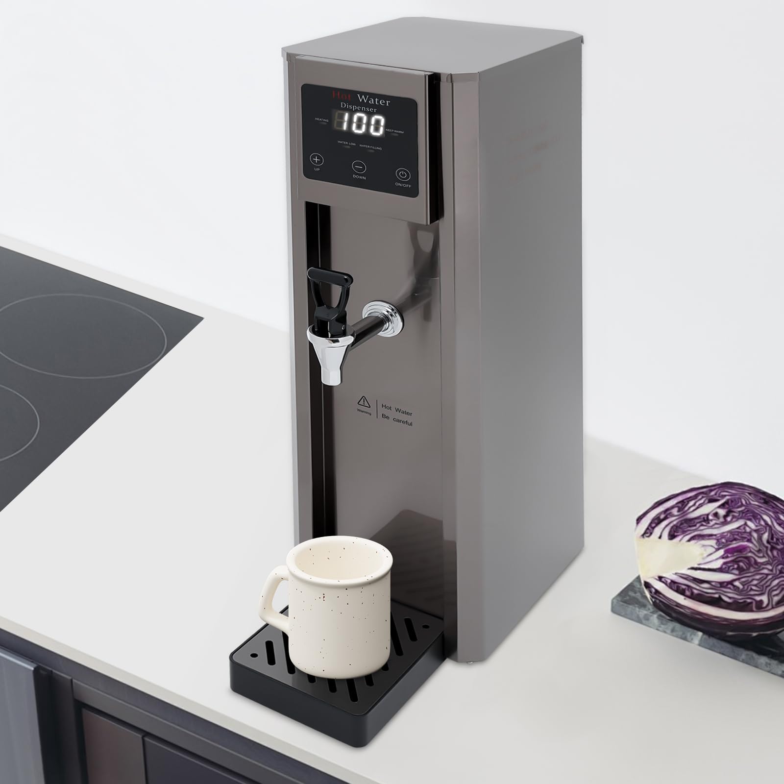 BANLICALI 10L Electric Water Boiler, 1800W Commercial Step-Heating Hot Water Dispenser with LED Display & Removable Drip Tray, Stainless Steel Water Boiler for Restaurants Schools Silver 110V 40-99?