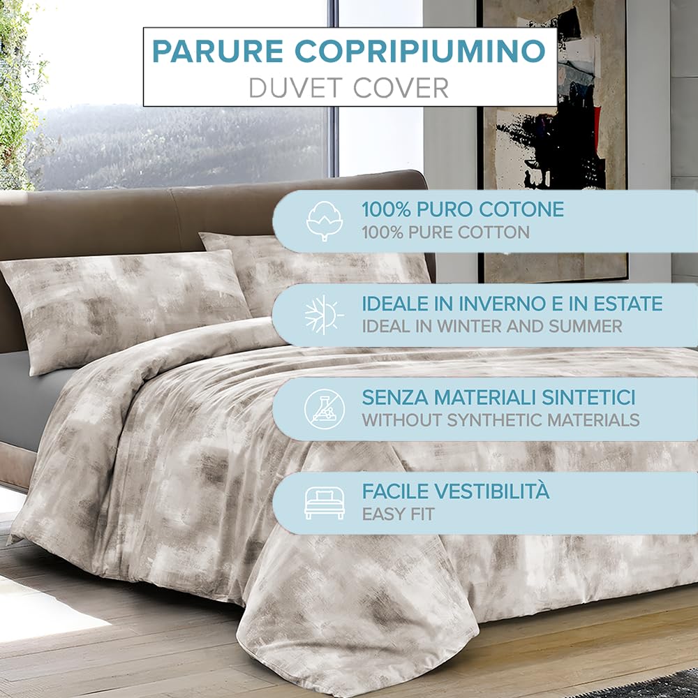 Dorian Home Parure Copripiumino Matrimoniale 250 x 210 cm, Copripiumino Matrimoniale Cotone, Realizzato in 100% Morbido e Puro Cotone, Made In Italy, Fantasia Nebula Beige