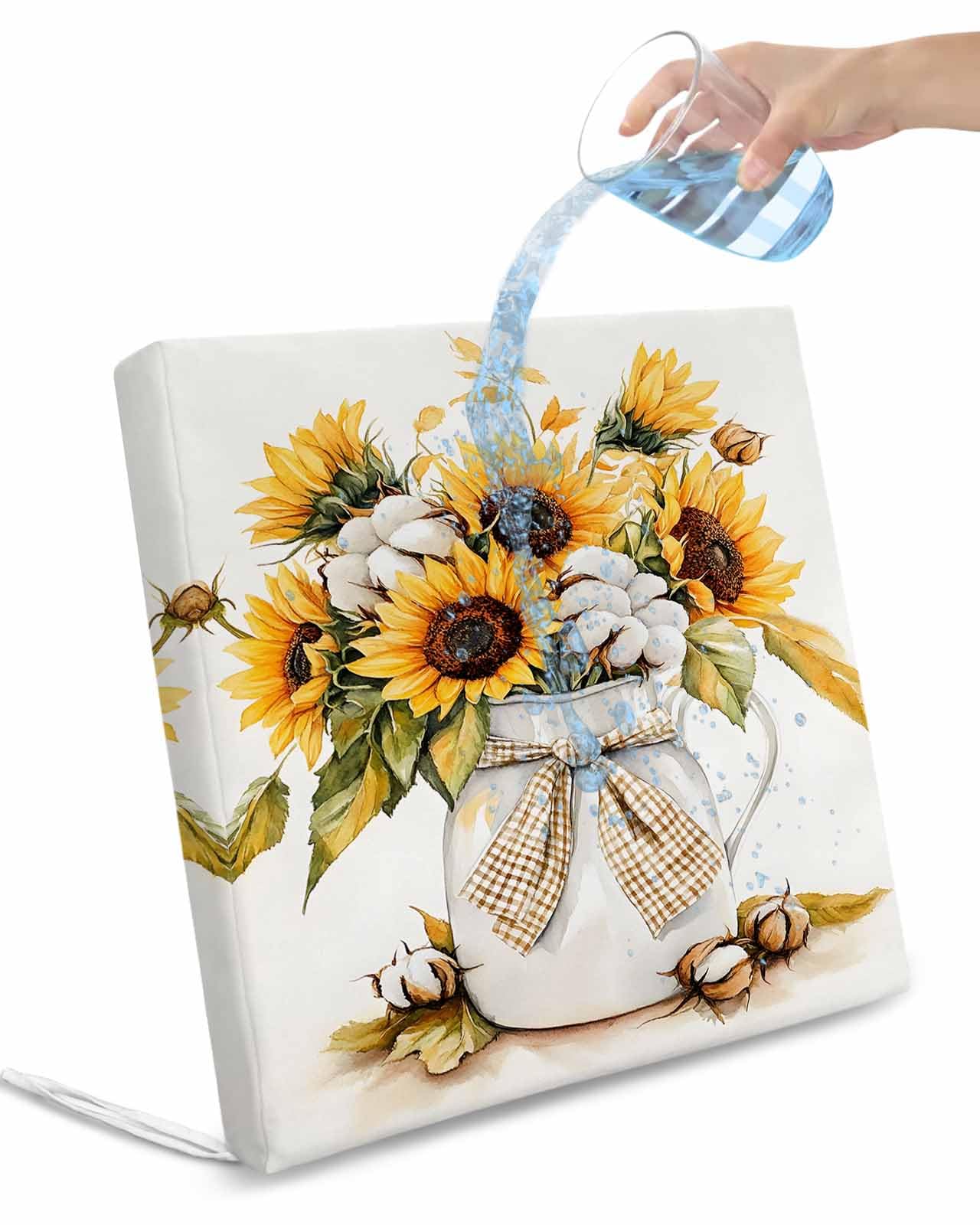 2 Pack Sunflower Waterproof Cushion Covers with Ties, Outdoor Patio Chaise Lounge Chair Seat Cushion Slip Covers Replacement(Only Cover) Yellow Floral Botanicals Motif Floral Plant 22