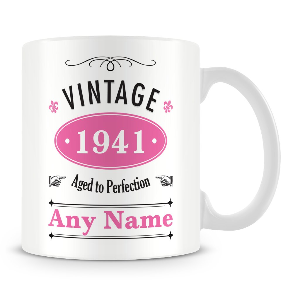 Vintage 1945 (Age 80) Personalised Mug/Cup - Customised 80th Birthday Gift - Add Name - Pink