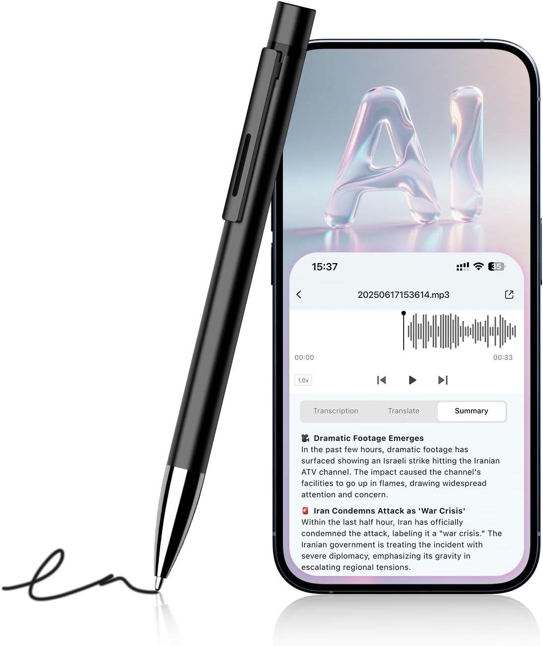 AI Voice Recorder, Pen-Type Voice Recorder, app Control, AI Note-Taking, AI Transcription and Summary, Supports Multiple Languages, 32GB Memory, no Software Payment