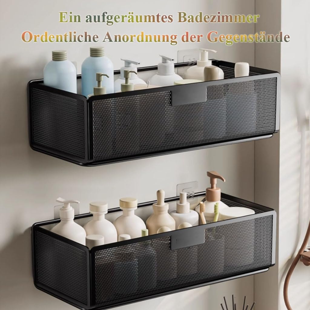 Mensola Doccia Senza Fori Set da 2, scaffale da Parete in Metallo, Cesto portaoggetti, Organizer da Bagno per Cosmetici, portashampoo per Doccia,Schwarz,26cm