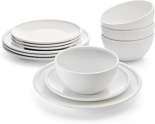 Mikasa Colter Bone China - Juego de vajilla ligera de 12 piezas resistente a las astillas, servicio para 4, color blanco
