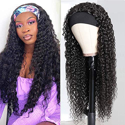 Headband Wig Deep Wave Human Hair for Black Women Glueless None Lace Front Wigs Machine Made Ice Silk Deep Curly Wave Headband Wigs Natural Color 150% Density 22 inch