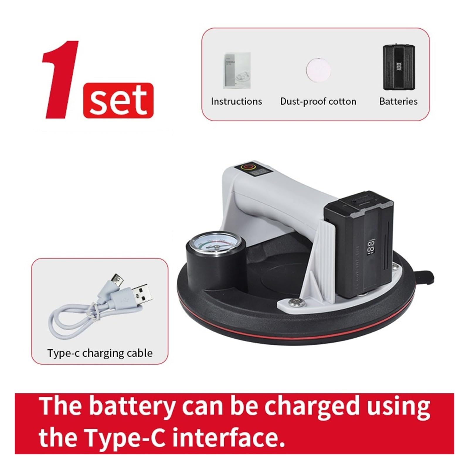 Ventosa de vidrio al vacío eléctrica de 8 pulgadas con reposición automática de aire y manómetro, chasis de goma de doble capa(Grey)