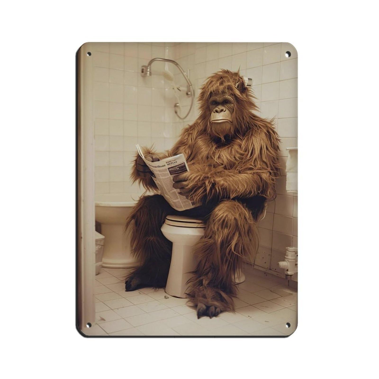 Sasquatch Sitting on The Toilet Reading A Newspaper (2) Tin Sign Vintage Metal Pub Club Cafe Bar Home Wall Art Decoration Poster Retro 12x16inch(30x40cm)