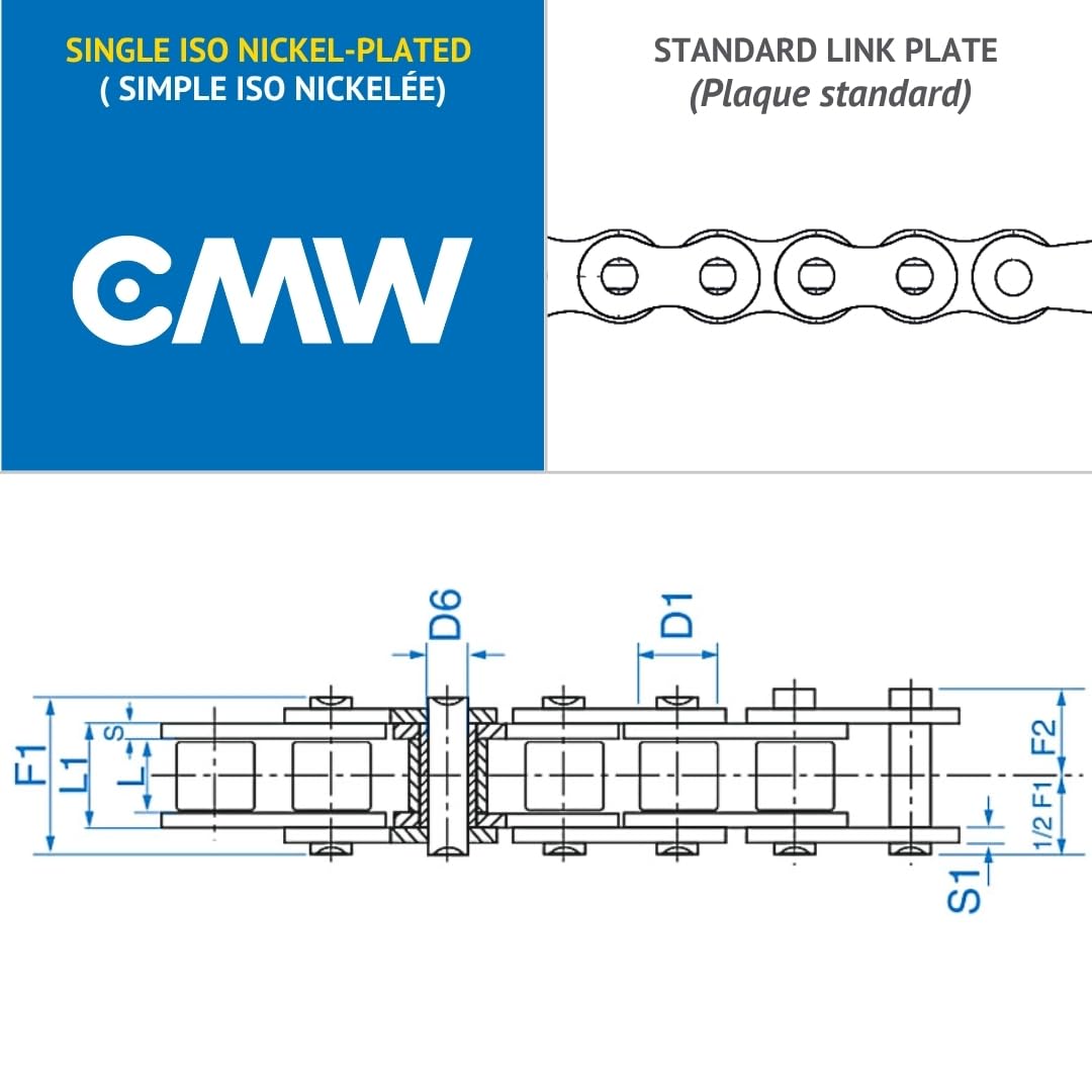 CMW - Catene di trasmissione standard - A denti singoli - Nichelate - Passo 12,7 mm - ISO - 08B-1 - Rotolo da 5 metri