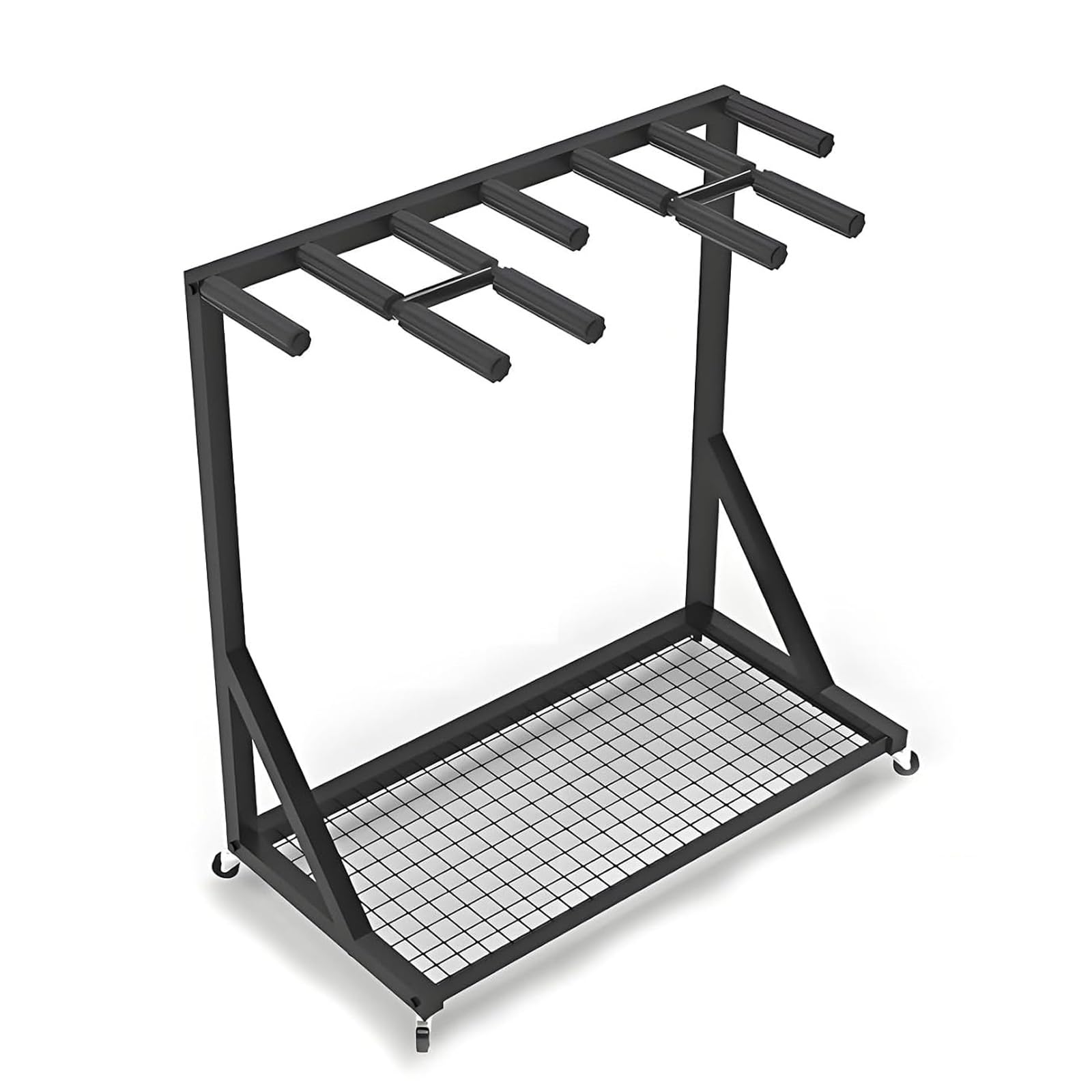 Ampio scaffale porta racchette per badminton e tennis, carrello espositivo con ruote e base in rete.