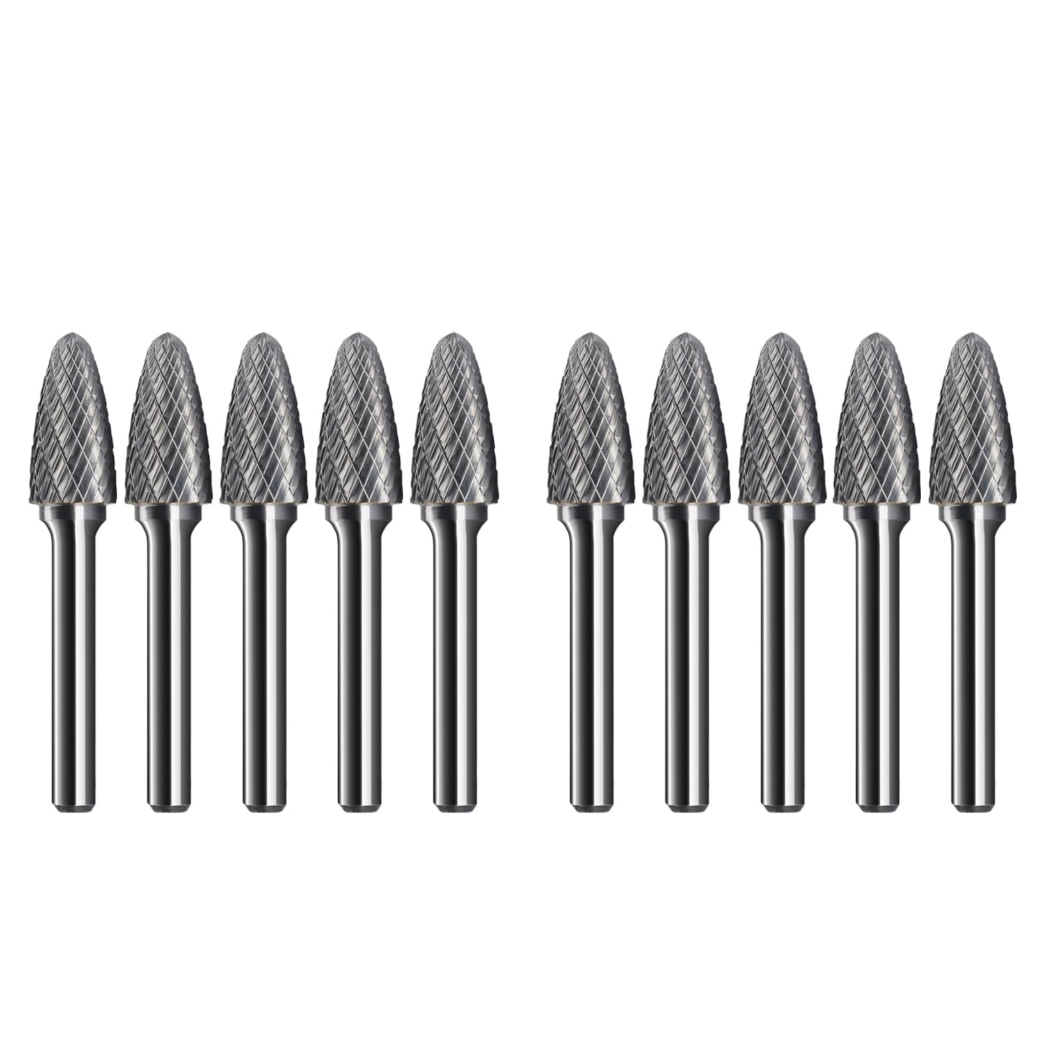 Asieg Tool SF-5 Tungsten Carbide Tree Shape Radius End Shape Double Cut Rotary File Burr - 1/4'' Shank, 1/2'' Cutter, 1'' Length - 10Pcs