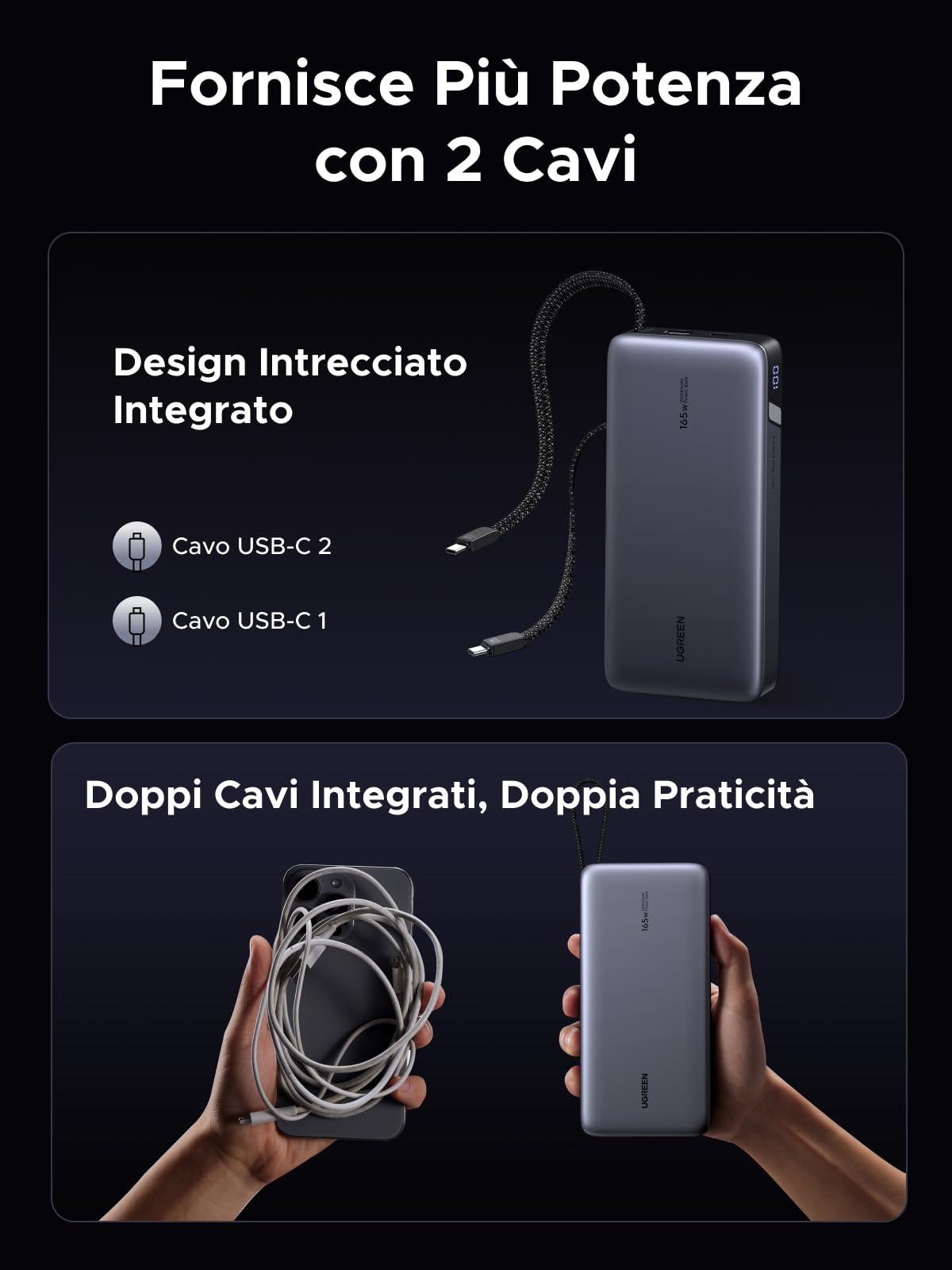 UGREEN Nexode 165W Batteria Esterna 25000mAh 2 Cavi USB C, Power Bank 140W Integrato Ricarica Rapida PD 3.1 con Schermo LED Compatibile con iPhone 17 16 15 14 13 12 Galaxy S25 S24 S23 MacBook