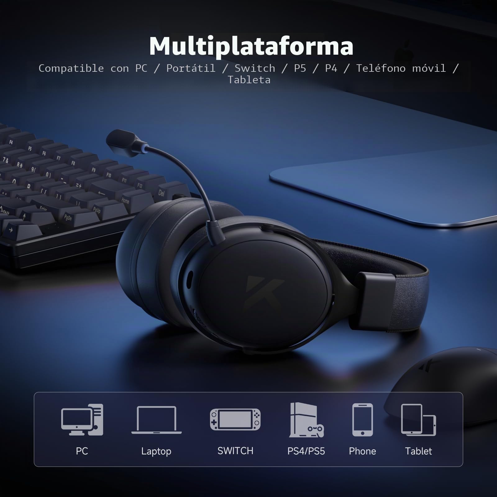 MCHOSE V9 Pro Auriculares Gaming, Son Surround 7.1, Controladores de Audio 53 mm, Micrófono Desmontable, Banda Ajustable, Ligero, USB-C con Cable, 2.4G / BT Inalámbrico, para PC, Mac, PS5, PS4, Switch