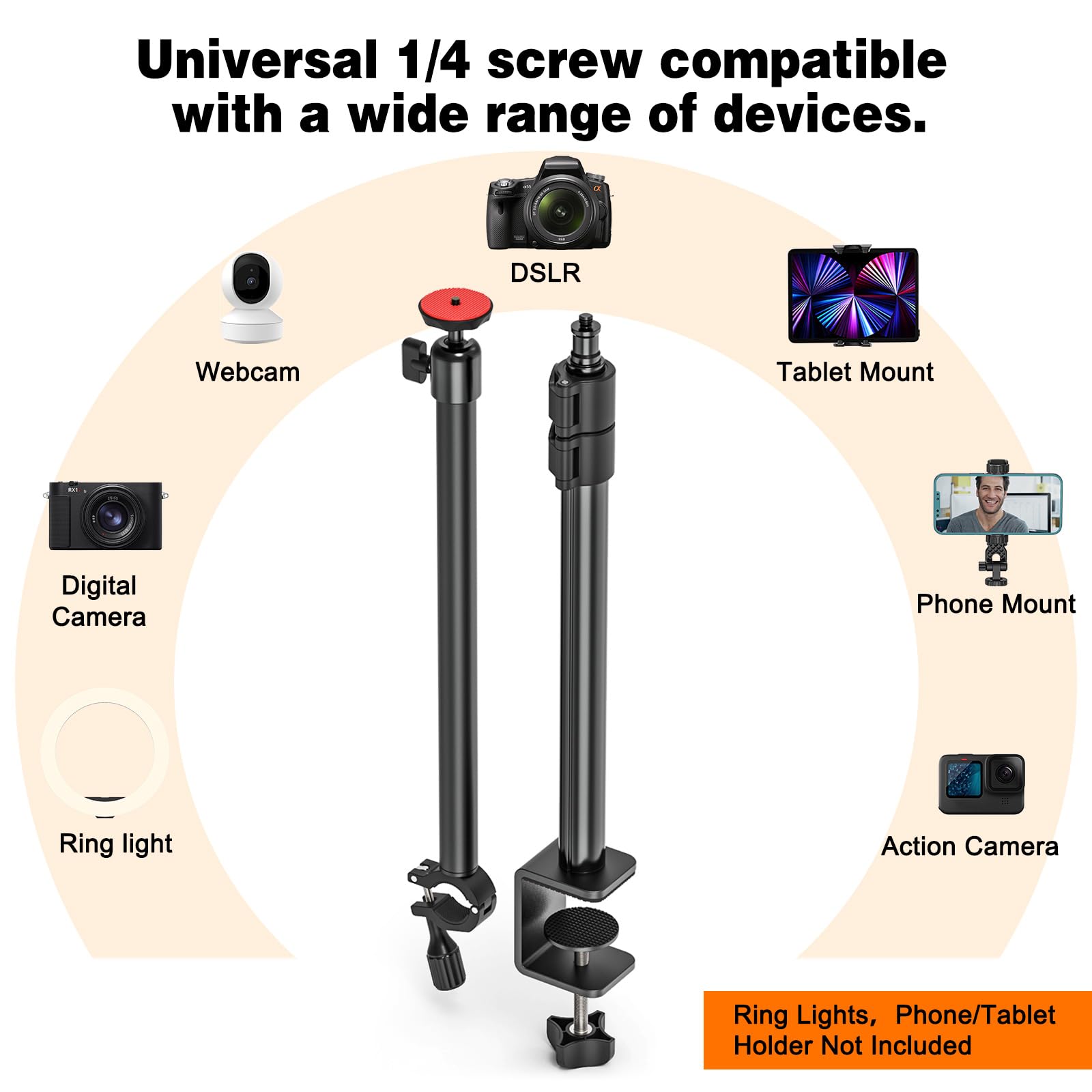 Supporto da tavolo per fotocamera con collo di cigno flessibile, 34-108 cm, con braccio flessibile e testa a sfera da 1/4" per DSLR, luce ad anello, Live Streaming, riprese video