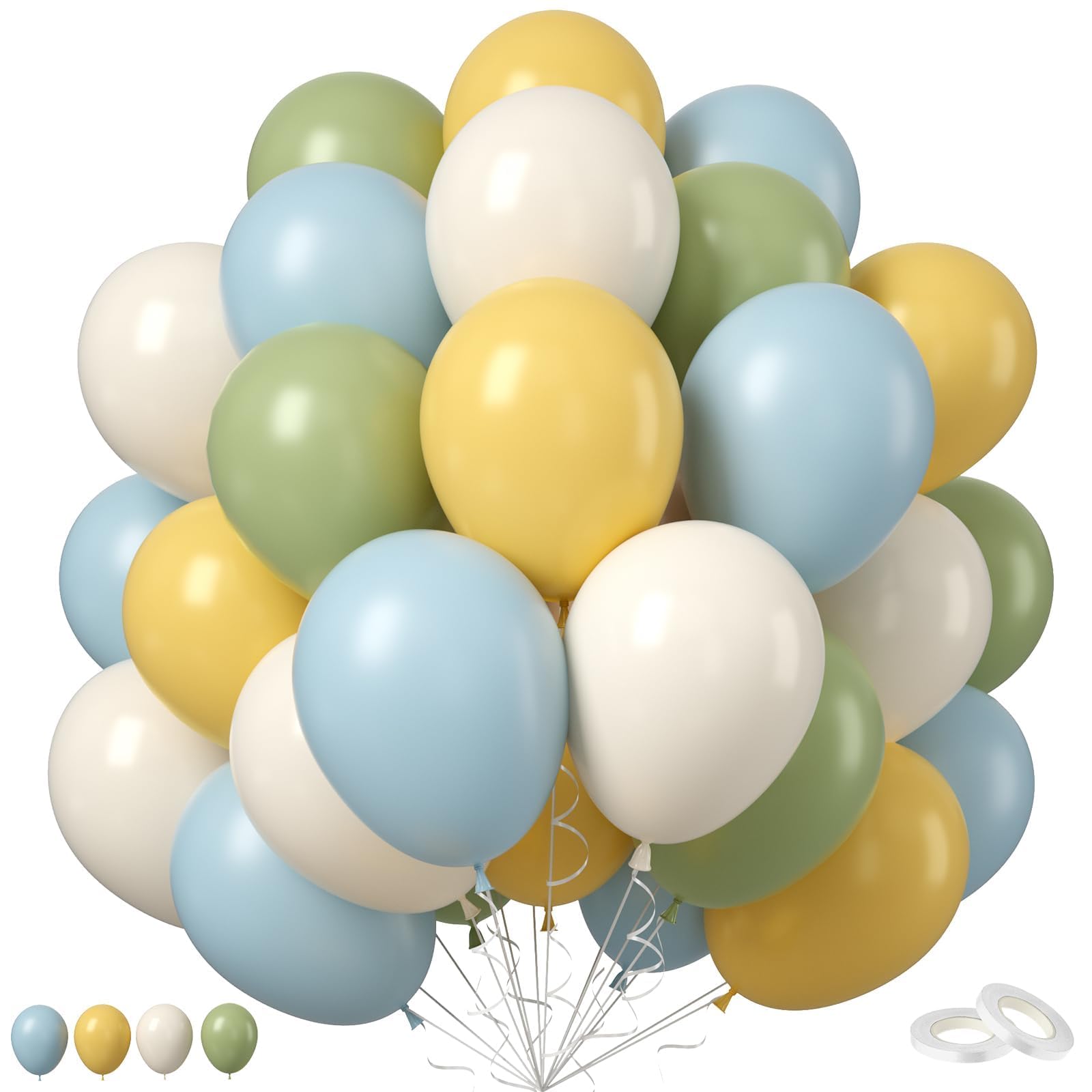 Sage Green Dusty Blue Yellow Balloons, 50PCS 12inch Olive Green Macaron Yellow Mist Blue White Sand Cream Latex Balloon for Birthday Wedding Baby