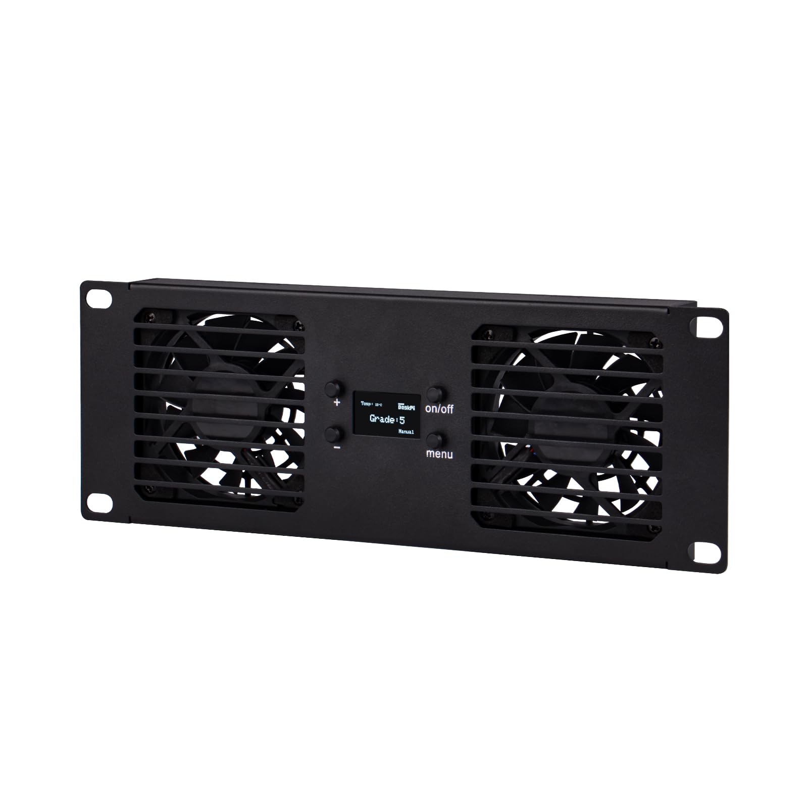 GeeekPi Panel de enfriamiento de doble ventilador de montaje en rack de 2U de 10 pulgadas con pantalla OLED y 2 ventiladores de 70 mm para racks de mini servidor de 10 pulgadas, compatible con DeskPi