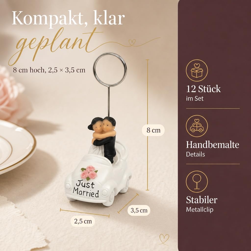 MIJOMA Lot de 12 porte-cartes de table de mariage Just Married Voiture avec couple de mariés – Décoration de table de mariage Porte-cartes de place en polyrésine peinte à la main 8 cm de haut