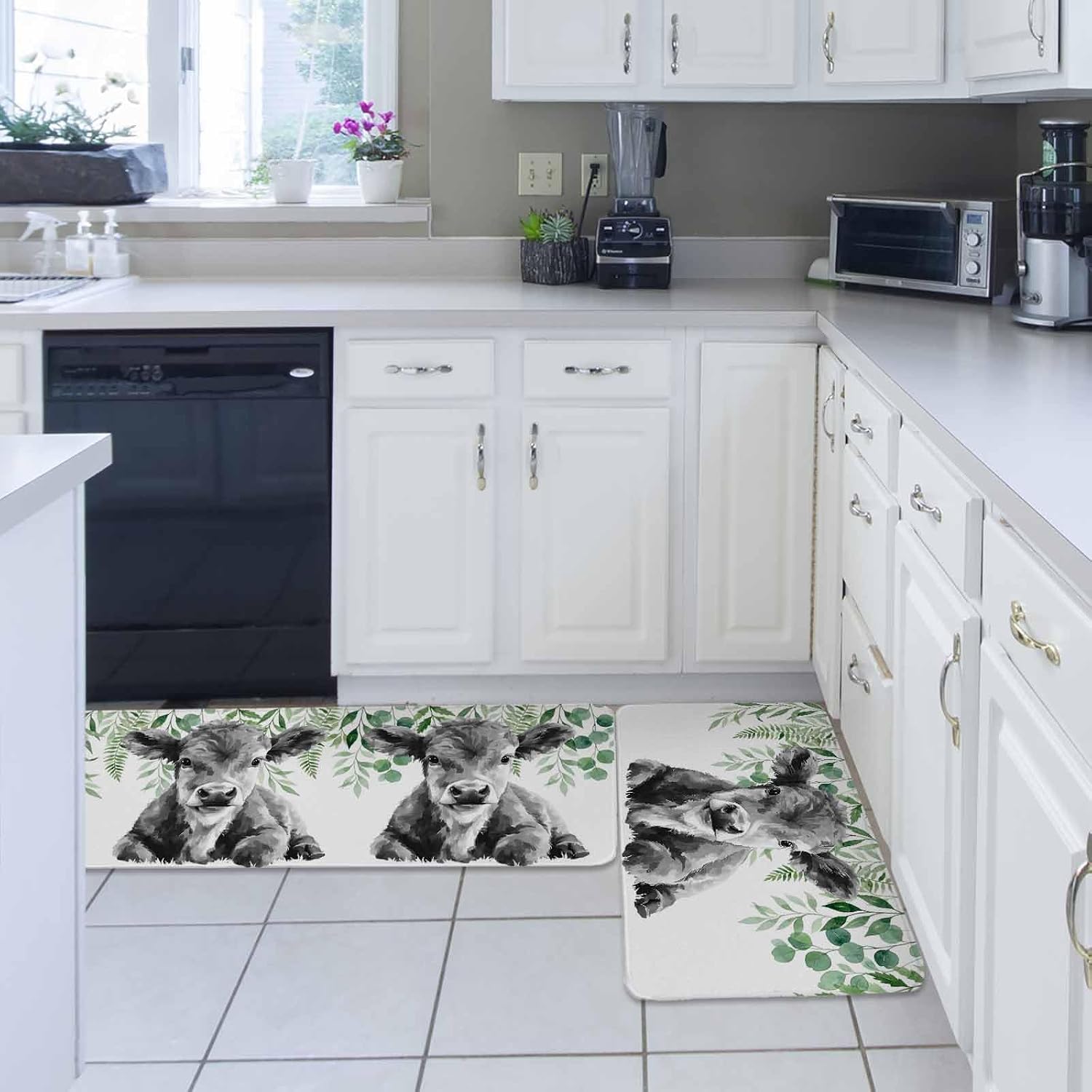 Grey Cow Kitchen Rugs and Mats Set of 2, Non-Slip Kitchen Sink Mat, Weeping Green Leaves Elegant Farmhouse Washable Doormat Bathroom Rugs Runner for Bedroom/Living Room 17.7"x30"+17.7"x59"