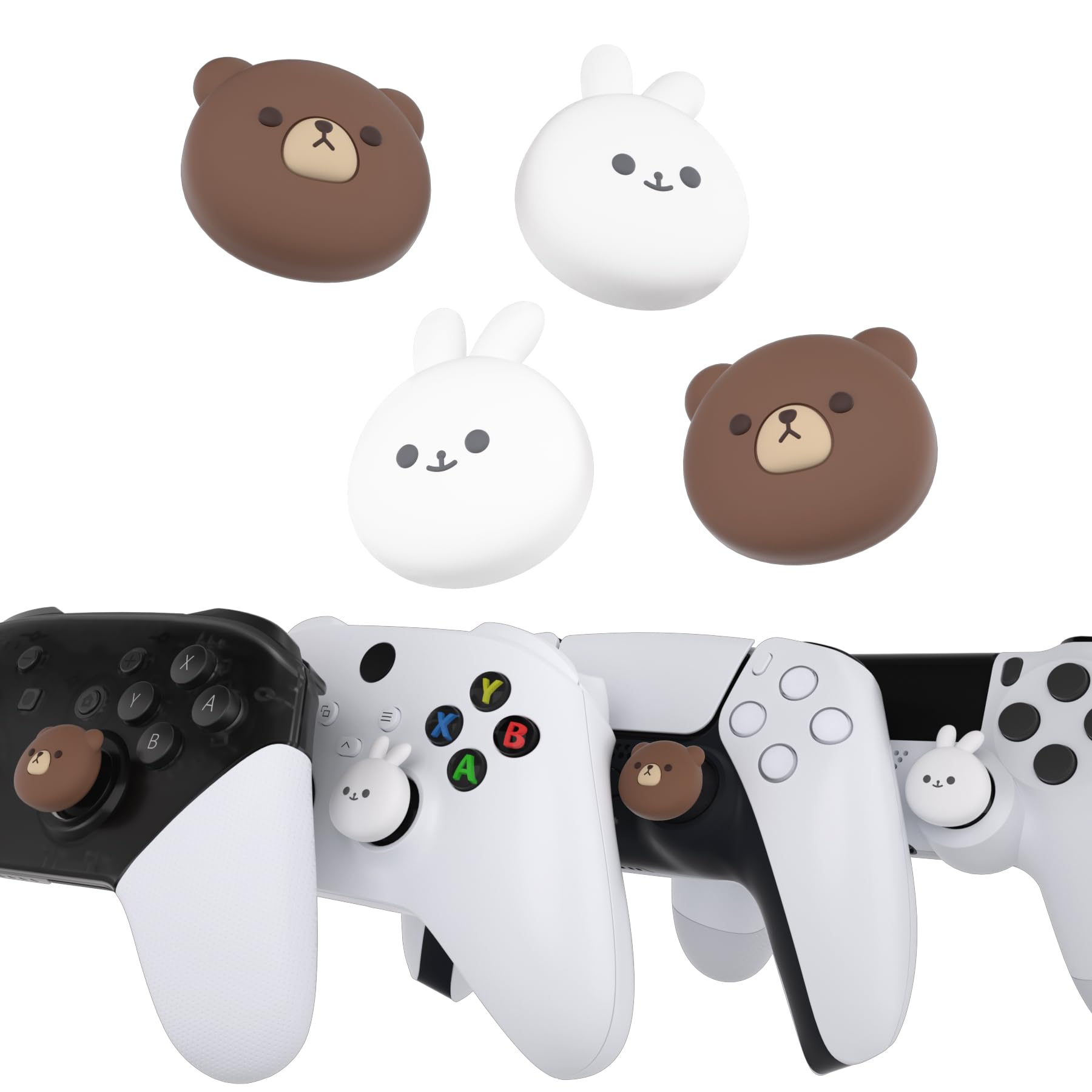 PlayVital Joystick Caps für PS5,Stick Aufsätze für PS4,Kappen für Xbox Series X&S,Thumbstick Schutzkappen Zubehör für Xbox One,Analog Stick Kappen für Switch Pro Controller-Molliger Bär & Smiley Hase - 4