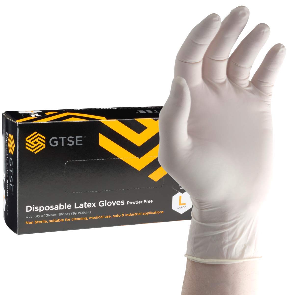 GTSEBox of 100 Latex Gloves, Size Large (L), Powder Free Disposable Gloves, White, Suitable for Medical Use, Automotive, Cleaning and Industrial