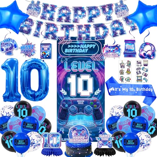 10th Birthday Decorations for Boys Video Game Level 10 Birthday Decorations Include Banner Backdrop Sash Honeycomb Centerpieces Hanging Swirls Stickers Cake Topper for Gamer Party Supplies