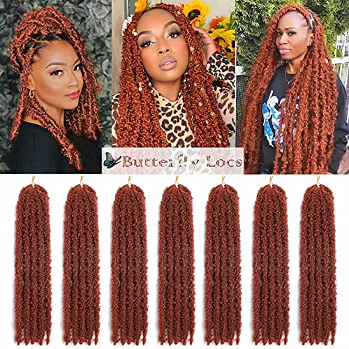 Waist Length 350 Orange Butterfly Locs Crochet Hair Ginger 7 Packs Bohemian Distressed Copper Colored Butterfly Locs(22Inch, 7Packs, 350#)