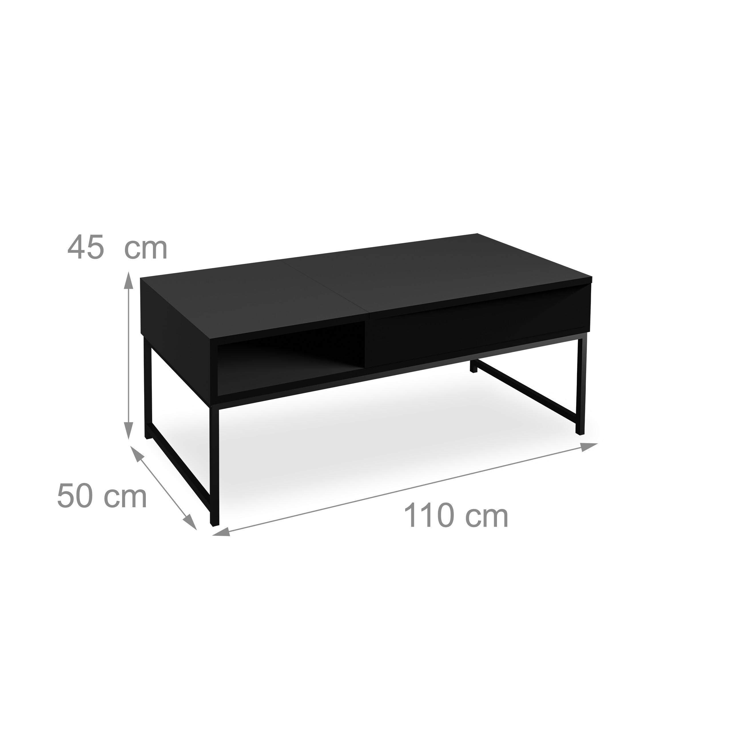Relaxdays Stolik kawowy z podnoszonym blatem, HLP: 45x110x50 cm, efekt drewna i metalu, stół do salonu, czarny