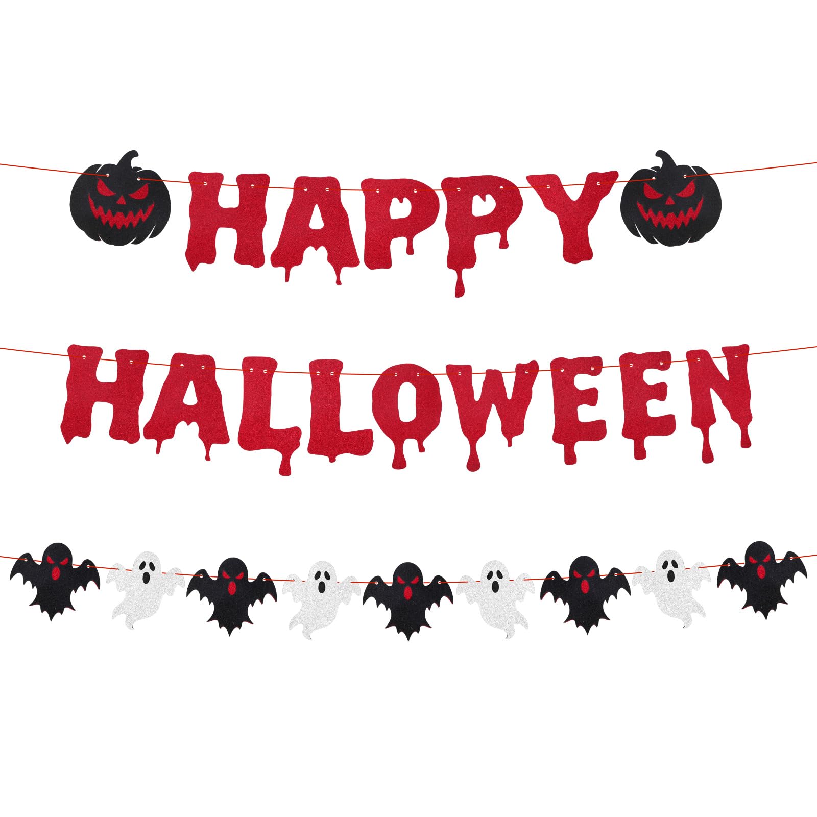 Happy Halloween Banner, Glitter Halloween Bunting Garland with Pumpkin Bat Boo Patterns for Indoor Outdoor Fireplace Wall Porch Party Decoration Sign