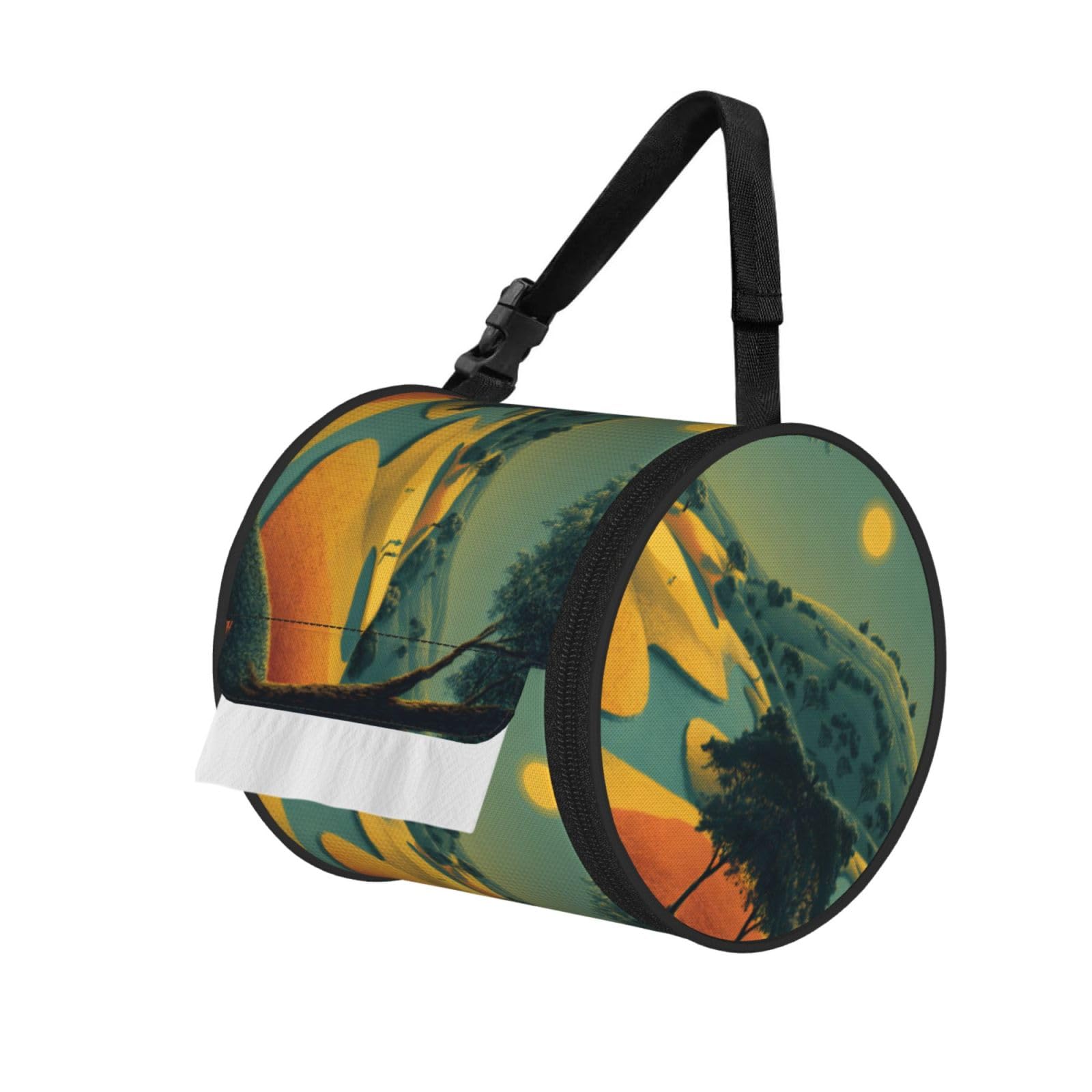Golf Course Printed Cylindrical Tissue Bag Portable Oxford Cloth, Foldable Travel Tissue Holder With Zipper And Adjustable Belt