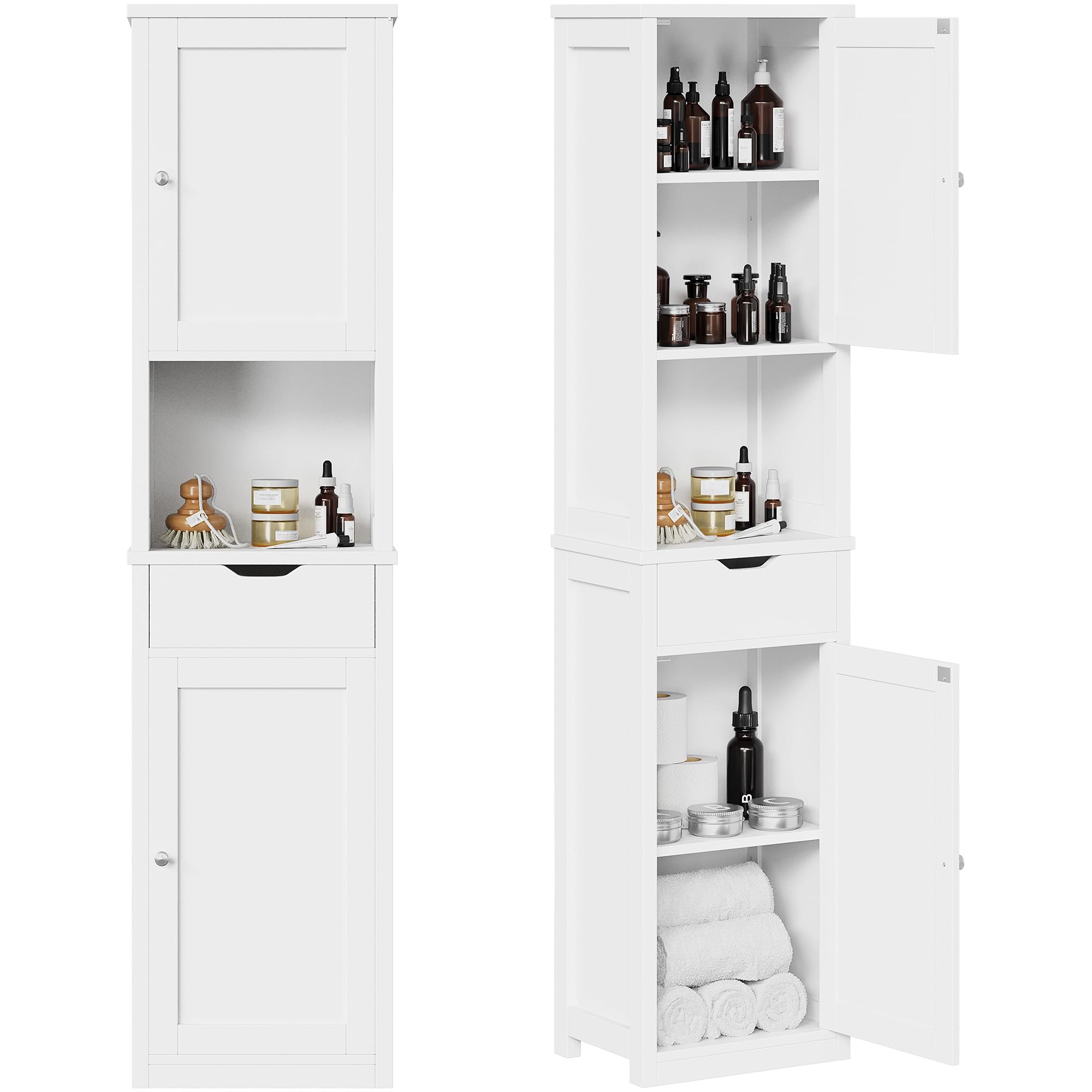 Shintenchi Tall Bathroom Storage Cabinet, Slim Corner Floor Cabinet with Doors and Drawer, Freestanding Narrow Bathroom Organizer with Adjustable