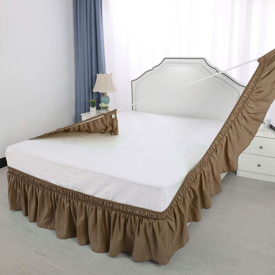 Piccocasa: Betthusse aus gebürstetem Polyester mit drei Stoff-Seiten, elastische Staub-Rüschen, einfache Passform-Falten – mit 38,1 cm Länge, baumwolle Polyester, braun, Doppelbett