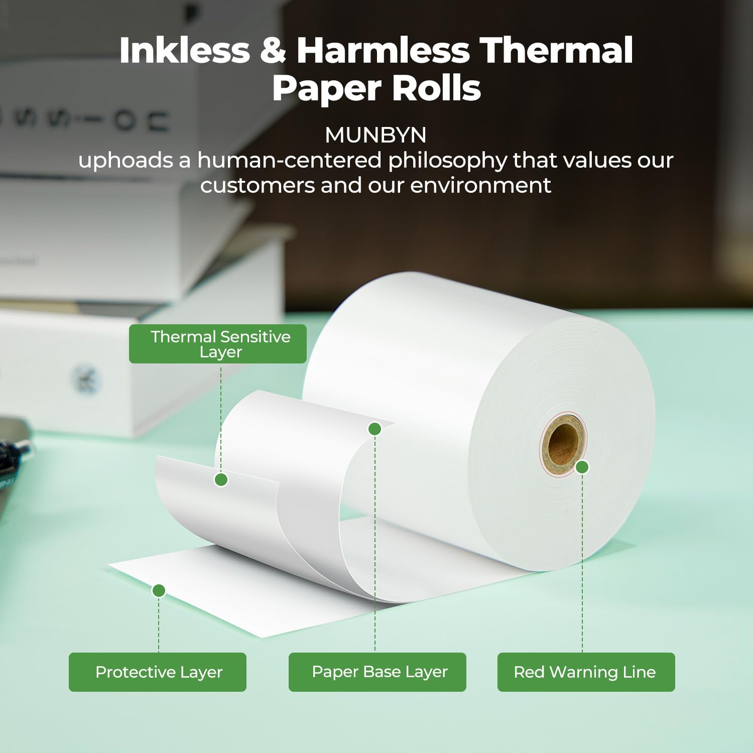 MUNBYN Papier Termiczny do Kasy Fiskalnej 80mm, Rolka Kasowa (5 Rolek) | Długość 80 m, Gramatura 65 g/m², Rdzeń 12 mm, Bez BPA, Certyfikat FSC, Kompatybilny z drukarkami Epson i Zebra