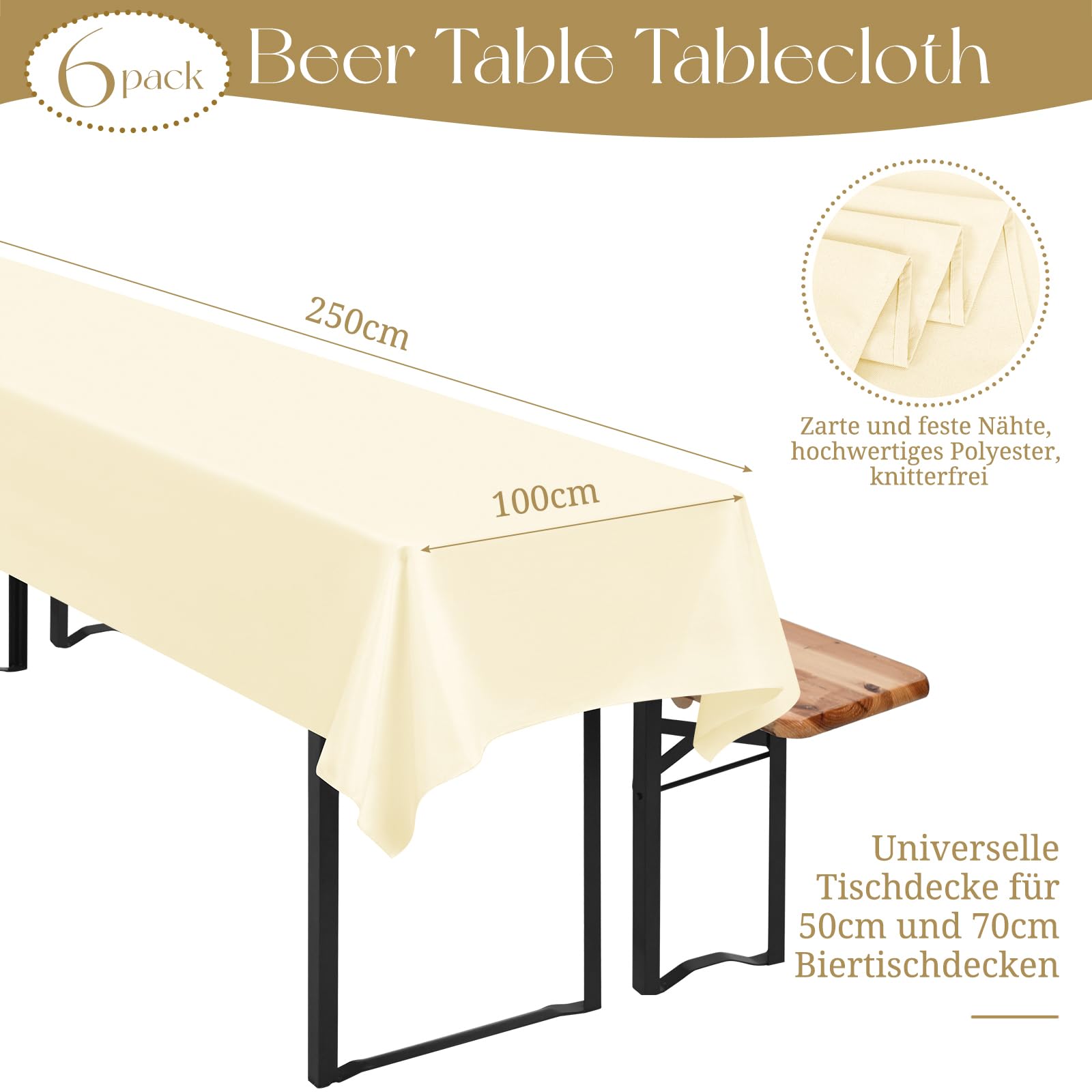 6 tovaglia da birra, 100 x 250 cm, impermeabile, in poliestere, beige, per tavoli da birra da 50 e 70 cm, tovaglia rettangolare per feste di nozze