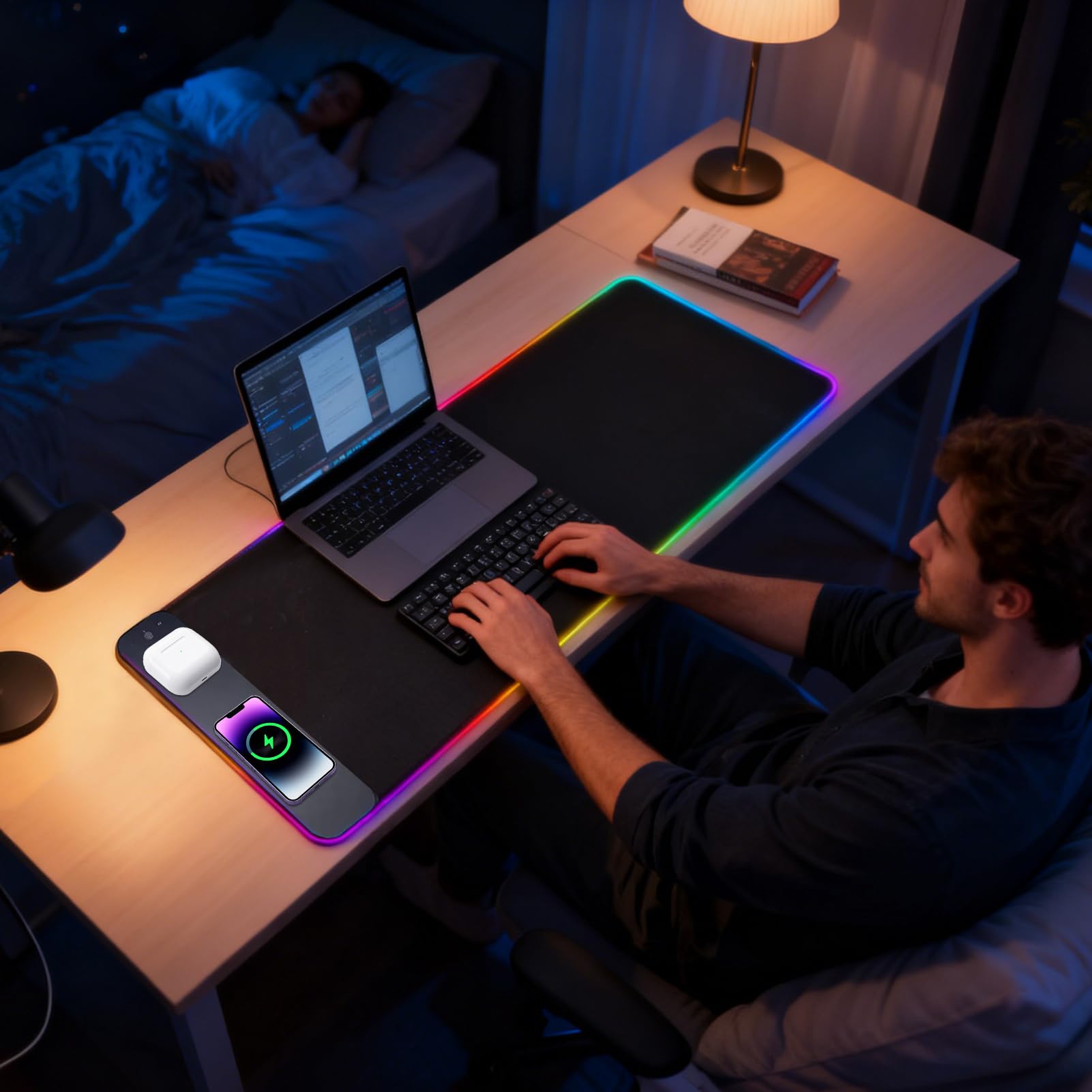 Tappetino Mouse LED Ricaricatore Wireless Impermeabile RGB 15W | 80x30 cm Mouse Pad Gaming Ricarica Rapida Magnetica Antiscivolo Per PC Gaming Smartphone Laptop Scrivania Sala Giochi
