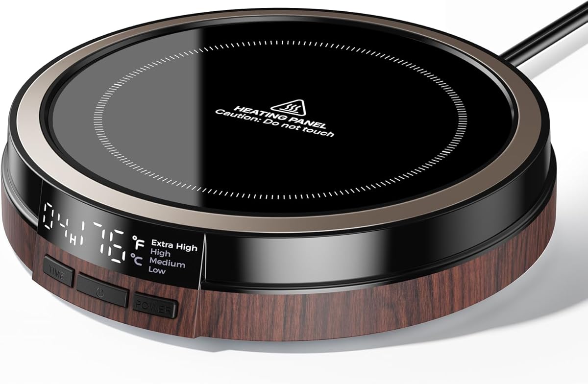 Coffee Mug Warmer for Desk, 50W Fast Heating Cup Warmer with Smart Display, 4 Temps & 12H Timer, Auto Shut Off for Tea, Milk, Hot Drinks - Wood Effect