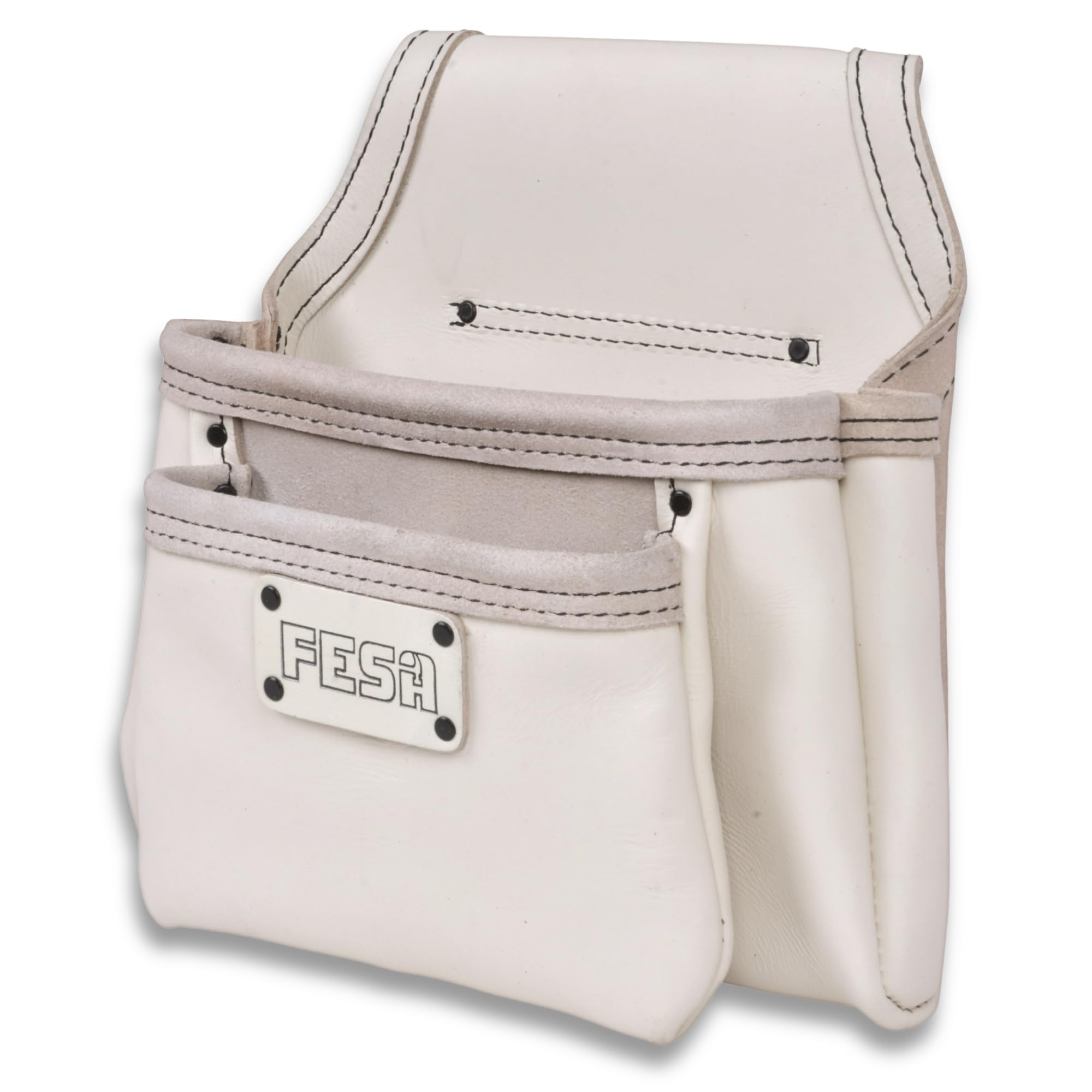 FESA Accesorio de piel para uñas, bolsa de herramientas de cuero de grano superior pesado con 2 bolsillos grandes para clavos y tornillos, bolsa de cierre para cinturones de hasta 3 pulgadas, hecha a