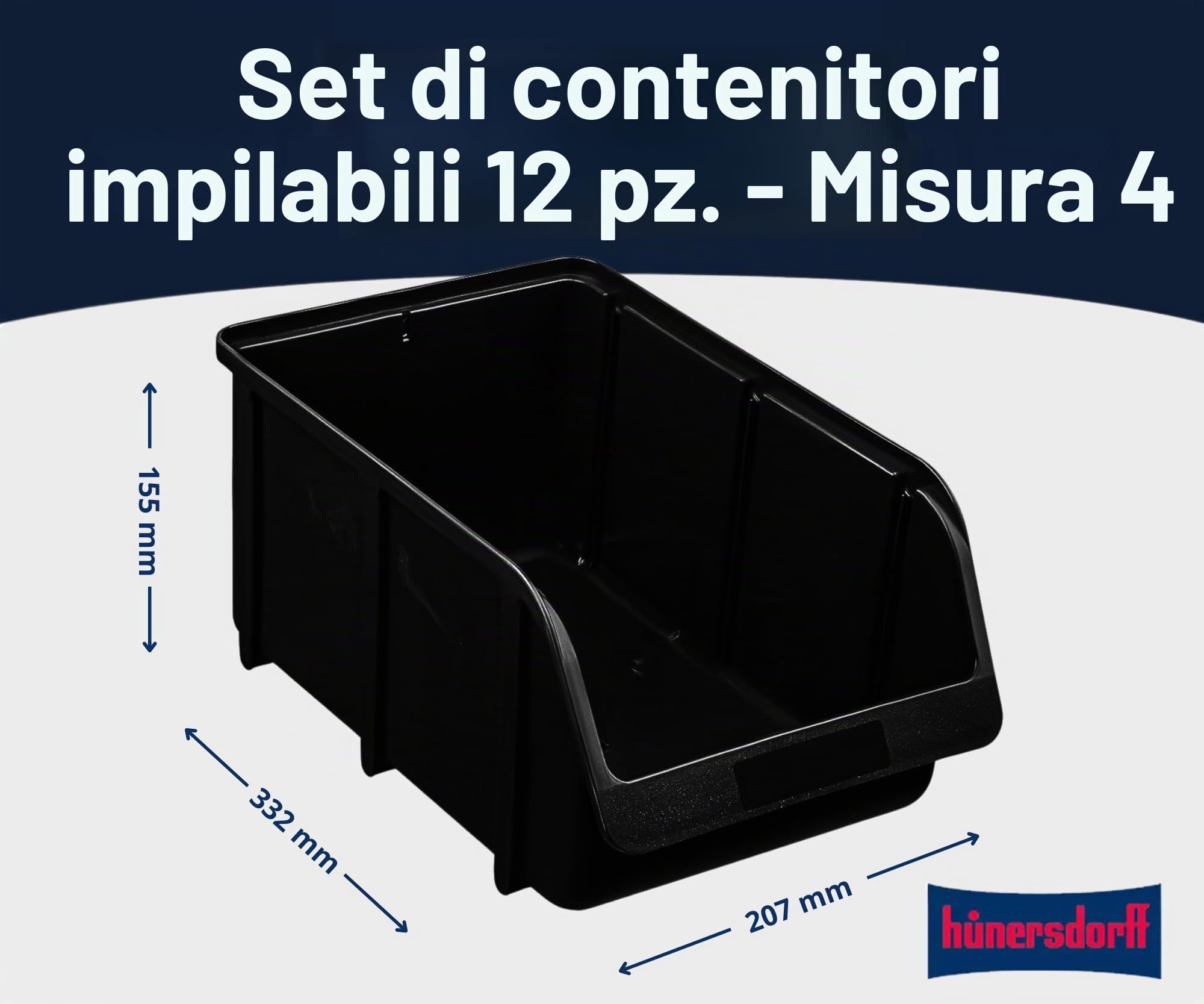 Hünersdorff Set di 12 scatole portaoggetti impilabili, dimensioni 4, polipropilene infrangibile (PP), riciclato, ideali per sistemi di organizzazione e di smistamento, scaffali per officina - nero