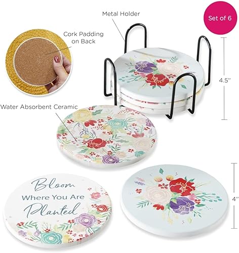 Miniatura 6 de Kate Aspen Garden Blooms - Posavasos de cerámica con soporte (juego de 6), decoración bohemia para el hogar y juego de regalo, recuerdo de fiesta,